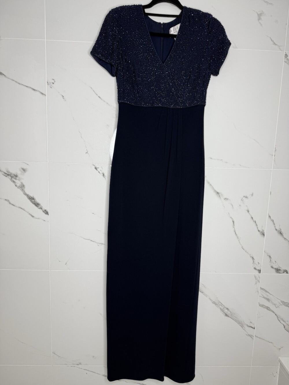 BIEFF BASIX Silk Blend Navy Blue Embellished Beaded Maxi Dress sz 6 Wedding MOB